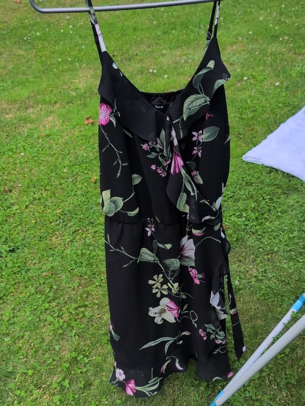 Reitmans Black Floral Ruffle Wrap Dress with Pink & Green Accents S